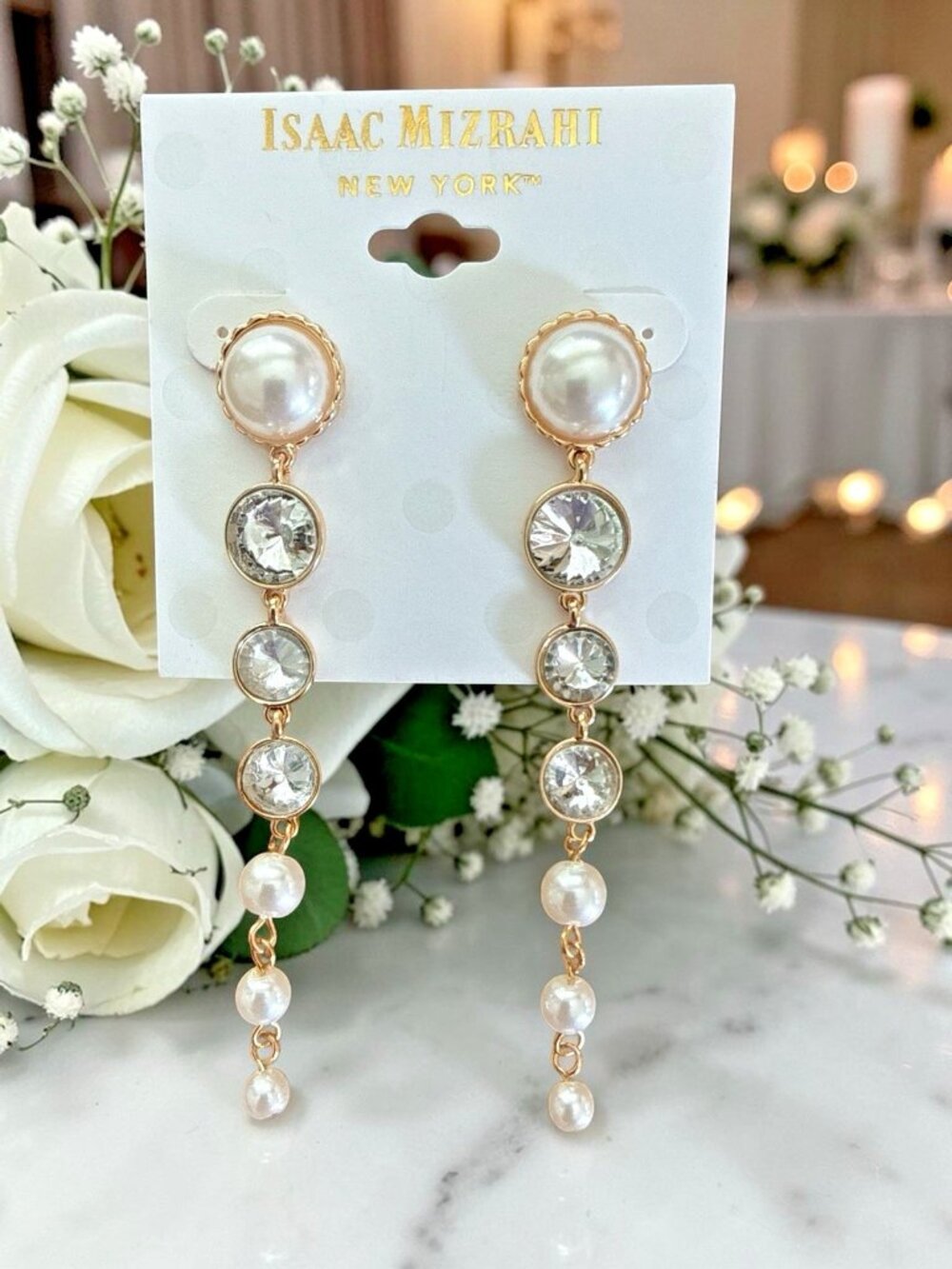 Isaac Mizrahi 3 1/4 Gold Tone/Faux Pearl/Crystal Linear Drop Earrings-NWOT